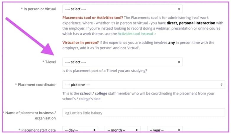 Use the Placements tool for T levels